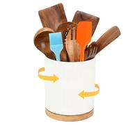 Ismosm Modern Ceramic Kitchen Utensil Holder, White Ribbed Design with Bamboo Base, 360-Degree Rotating, 6.1 x 6.9 inch, Multi-Purpose Storage Crock (White)