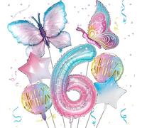 Isndare Butterfly Balloons 6th Birthday Decorations for Girls, Gradient Pink Colorful Foil Balloon, Giant Number 6 Mylar Years Old Theme Party Supplies Decor