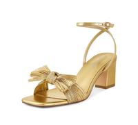 ISNOM Women's Bow Knot Heeled Sandals Ankle Buckle Strap Open Toe Block Chunky Heel Bride Wedding Party Fashion Heels, Gold, 6 UK