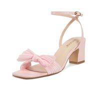 ISNOM Women's Bow Knot Heeled Sandals Ankle Buckle Strap Open Toe Block Chunky Heels Bride Wedding Party Fashion Heel, Light Pink, 7 UK