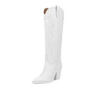 ISNOM Women's Cowgirl Boots Pull On Knee High Boots, Cowboy Western Embroidered Chunky Block Heel Pointed Toes Boots, Matte White, 4.5 UK
