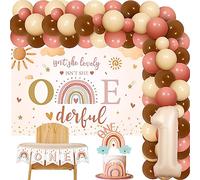 Isn't She Lovely Isn't She Onederful Decorations, Boho First Birthday Decorations for Girl, Pink Brown Balloon Garland Kit with Backdrop, Number 1 Foil Balloon One High Chair Banner Cake Topper
