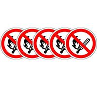 ISO Safety Label Sign - International No Open Flame, Fire, Open Ignition Source and Smoking Prohibited Symbol - Self Adhesive Sticker 100mm Diameter (Pack of 5 Stickers)