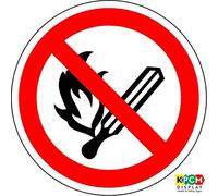 ISO Safety Label Sign - International No Open Flame, Fire, Open Ignition Source and Smoking Prohibited Symbol - Self Adhesive Sticker 100mm Diameter