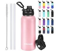 Isolierte Wasserflasche mit Strohhalm, Sport-Wasserflasche 1 Liter, wiederverwendbares Vakuum 18/8-Edelstahl-Flasche, Thermosflasche, moderne breite Öffnung, hält heiß und kalt (32 Unzen, Rosa)