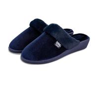 Isotoner® Ladies Sparkle Velour Heeled Mule Slippers, 360° Surround Comfort with Memory Foam, Pillowstep® Technology, Durable Textured Sole, Machine Washable, Faux Fur Cuff, Navy, 7 UK