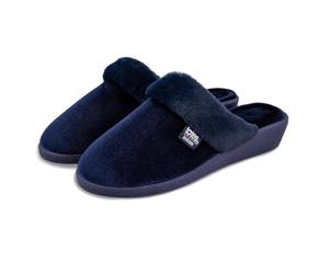 Isotoner® Ladies Sparkle Velour Heeled Mule Slippers, 360° Surround Comfort with Memory Foam, Pillowstep® Technology, Durable Textured Sole, Machine Washable, Faux Fur Cuff, Navy, 4 UK