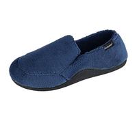 isotoner Men's Terry Moccasin Slipper with Memory Foam for Indoor/Outdoor Comfort, Navy, 9.5-10.5