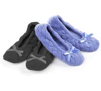 isotoner Women's 2 Pack Microterry Ballerina Slippers with Satin Bow, Suede Sole, and Terry Lining Ballet Flat, Periwinkle Quilted, Ash Solid, 9.5/10 UK