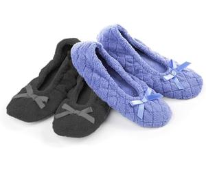 isotoner Women's 2 Pack Mictroterry Ballerina Slippers with Satin Bow, Suede Sole, and Terry Lining Ballet Flat, Periwinkle Quilted, Ash Solid, 4.5/5.5 UK