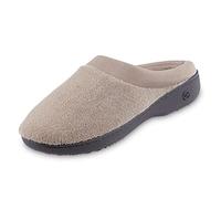 isotoner Women's Terry and Satin Slip on Cushioned Slipper with Memory Foam for Indoor/Outdoor Comfort Flat Sandals, Stone, 5.5/6 UK