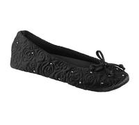 isotoner Women's Ballerina Slippers with Terry Lined and Rose Quilt Ballet Flat, Black, 4.5/5.5 UK