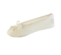 Isotoner Women's Classic Stretch Satin Ballerina Slippers Leather Sole, Cream Soft Tie Bow, 11-12