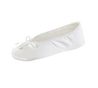 Isotoner Women's Satin Ballerina Slippers with Classic Ribbon Suede Sole, White Soft Tie Bow, 11-12