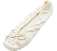 Isotoner Women's Satin Ballerina Slippers with Embroidered Pearl Ballet Flat, Ivory, 6/7 UK