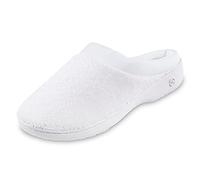 Isotoner Women's Terry and Satin Slip on Cushioned Slipper with Memory Foam for Indoor/Outdoor Comfort, White, Large