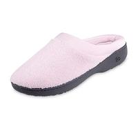 Isotoner Women's Terry and Satin Slip on Cushioned Slipper with Memory Foam for Indoor/Outdoor Comfort Flat Sandals, Petal Pink, Large