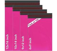 ISOUL 100 Mixed Size Hot Pink Mailing Bags, Self Seal 4 Size 25 of Each Strong Waterproof Poly Plastic Envelopes for Parcels, Packaging, Small, Medium, Large Mail, Shipping Delivery Bags