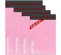 ISOUL 60 Mixed Size Baby Pink Mailing Bags, Self Seal 4 Size Strong Waterproof Poly Plastic Envelopes for Parcels, Packaging, Small, Medium, Large Mail, Shipping Delivery Bags