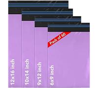 ISOUL 60 Mixed Size Purple Mailing Bags, Self Seal 4 Size Each 25 Strong Waterproof Poly Plastic Envelopes for Parcels, Packaging, Small, Medium, Large Mail, Shipping Delivery Bags Purple