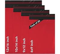 ISOUL 60 Mixed Size Red Mailing Bags, Self Seal 4 Size Strong Waterproof Poly Plastic Envelopes for Parcels, Packaging, Small, Medium, Large Mail, Shipping Delivery Bags