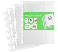 iSOUL A4 Plastic Value Punched Punch Pockets, 11 Hole Heavy Duty File Binder Pockets, 40 Micron Punched Pockets for Documents Folders Filling Plastic Wallets 50 Sleeves