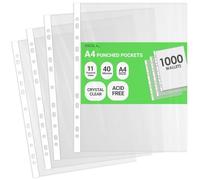 iSOUL A4 Plastic Value Punched Punch Pockets, 11 Hole Heavy Duty File Binder Pockets, 40 Micron Punched Pockets for Documents Folders Filling Plastic Wallets 1000 Sleeves