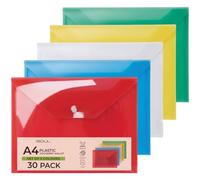 iSOUL A4 Plastic Wallets Heavy Duty Plastic Popper Wallets Document Folder | A4 Plastic Wallet File Folders Waterproof for Home, School, Travel and Office Supplies Assorted Colour 30 Pack Files Folder
