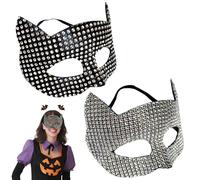 ISOYTERO 2Pcs Cat Woman Mask Half Face Rhinestone Cat Costume Women Fashionable Cosplay Mask for Halloween, Masquerade, Black + Silver