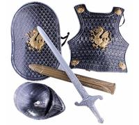 ISOYTERO Knight Costume Kids 4Pcs/Set Dragon Pattern Medieval Knight Armor Includes Helmet, Shield, Sword, and Armor, Kids Dress Up Costumes for Role Play, Cosplay, Halloween