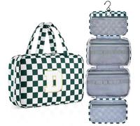 ISPbag Personalized Initial Travel Hanging Toiletry Bag & Makeup Bag, Toiletry Pouch Organizer Bag for Travel Size Essentials, Cosmetics, Birthday Gifts for Women Teen Girls (Green Checkerboard, D)