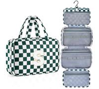 ISPbag Personalized Initial Travel Hanging Toiletry Bag & Makeup Bag, Toiletry Pouch Organizer Bag for Travel Size Essentials, Cosmetics, Birthday Gifts for Women Teen Girls (Green Checkerboard, S)