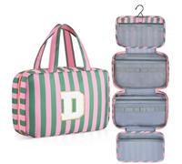 ISPbag Personalized Initial Travel Hanging Toiletry Bag & Makeup Bag, Toiletry Pouch Organizer Bag for Travel Size Essentials, Cosmetics, Birthday Gifts for Women Teen Girls (Striped Green, D)