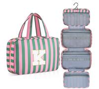 ISPbag Personalized Initial Travel Hanging Toiletry Bag & Makeup Bag, Toiletry Pouch Organizer Bag for Travel Size Essentials, Cosmetics, Birthday Gifts for Women Teen Girls (Striped Green, K)