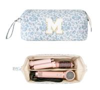 ISPbag Quilted Hair Tools Travel Bag, Shark Flex Style Travel Case for Dyson Hair Dryer Airwrap, Personalized Initial Curling Iron Carrying Case for Shark Dyson Organizer Accessories, Blue Flower, M