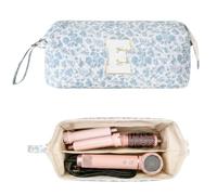 ISPbag Quilted Hair Tools Travel Bag, Shark Flex Style Travel Case for Dyson Hair Dryer Airwrap, Personalized Initial Curling Iron Carrying Case for Shark Dyson Organizer Accessories, Blue Flower, E