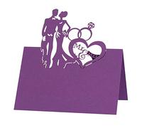 iSpchen Pack of 50 Place Cards, Seating Cards, Love Wedding Pattern, Hollowed Place Cards, Folded Name Cards for Wedding, Banquet, Table Decoration, Dark Purple
