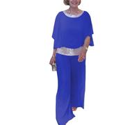 iSpchen Women's Sequin Suit 2024 Glitter Crew Neck Bright Sequins Wide Trouser Suit Commuter Trousers Full Length, blue, XL
