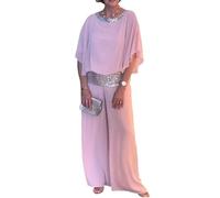 iSpchen Women's Sequin Suit 2024 Glitter Crew Neck Bright Sequins Wide Trouser Suit Commuter Trousers Full Length, pink, XXL