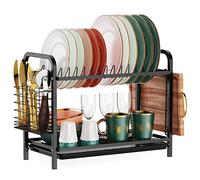 iSPECLE 2 Tier Dish Drainer - Dish Drying Rack with Drip Tray, Sink Draining Board with Utensil Cutting & Board Holder for Kitchen Worktop(Black Square)