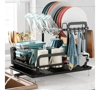 iSPECLE 2 Tier Dish Drainer Rack - Large Dish Drying Rack with Drip Tray, Swivel Spout, Draining Board Rack with Cup Holder, Utensil Holder, Cutting Board Holder for Kitchen Worktop, Black