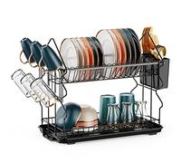 iSPECLE 2 Tier Dish Drainer Rack - Rustproof Dish Drying Rack and Drainboard Set, Christmas Tree Shape, Dish Draining with Glass Utensil Holder for Small Kitchen Worktop, Black