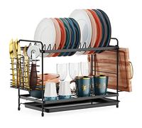 iSPECLE 2 Tier Dish Drainer Rack - Small Dish Drying Rack with Drip Tray, Space-Saving Draining Board Rack with Utensil Cutting & Board Holder for Kitchen Worktop, Black