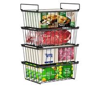 iSPECLE Chest Freezer Baskets - 4 Pack Stackable Wire Storage Bins for 142 Litre Deep Freezers, Metal Organiser with Handles Easy Get Meat & Meals, Allows Air Circulation for Better Freshness, Black