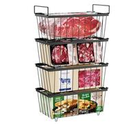 iSPECLE Chest Freezer Organiser - 4 Pack for 198 Litre Deep Freezer, Stackable Wire Chest Freezer Baskets to Sort Frozen Food, Freezer Storage Bins with Handles for Easy Access, Black