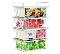 iSPECLE Freezer Baskets, 4 Pack Stackable Metal Chest Freezer Storage for 142L Deep Freezers, Easy Access Handles for Organising Small Frozen Items, WireMetal for Cold Air Circulates, White