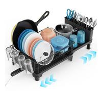 iSPECLE Large Dish Drainer Rack - Expandable Dish Racks for Kitchen Worktop with 2 Pan Slots, Anti-Rust Dish Drainer with Draining Board and Utensil Holder, Black