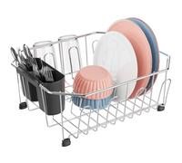iSPECLE Small Dish Drainer for Kitchen Sink - Compact Stainless Steel Washing Up Rack with Cutlery Holder, Rust Resistant Wire Draining Board for Worktops, Caravans & Flats (29.5 x 34 cm), Silver