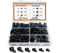 ISPINNER 180pcs Black Nylon Plastic R-Type Cable Clamps, 1/4" 5/16" 3/8" 1/2" 5/8" 3/4" Clips Fasteners Assortment Kit for.