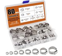 ISPINNER 80pcs Single Ear Stepless Hose Clamps, 304 Stainless Steel 5.8-23.5mm Crimp Hose Clamp for Securing Pipe Hoses and Automotive Use 1/4 inch - 15/16 inch